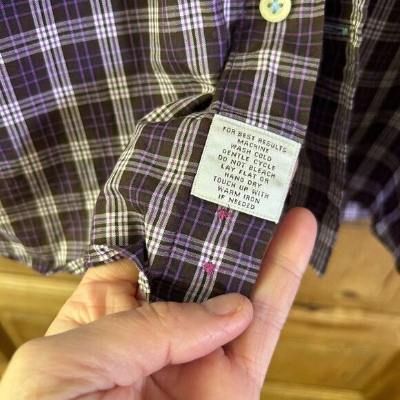 Men's Peter Millar Large Purple & Brown Plaid Long Sleeve Button Front Shirt - Picture 8 of 12